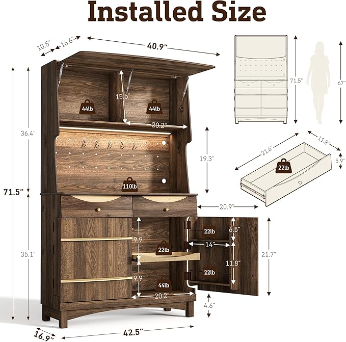 STO'SENSE 72’’ Kitchen Pantry Cabinet w/Power Outlets, Tall Storage Cabinet w/LED Light, FILP-up Door & Pegboard, Freestanding Kitchen Hutch w/Drawers, Solid Wood Handles (Walnut)