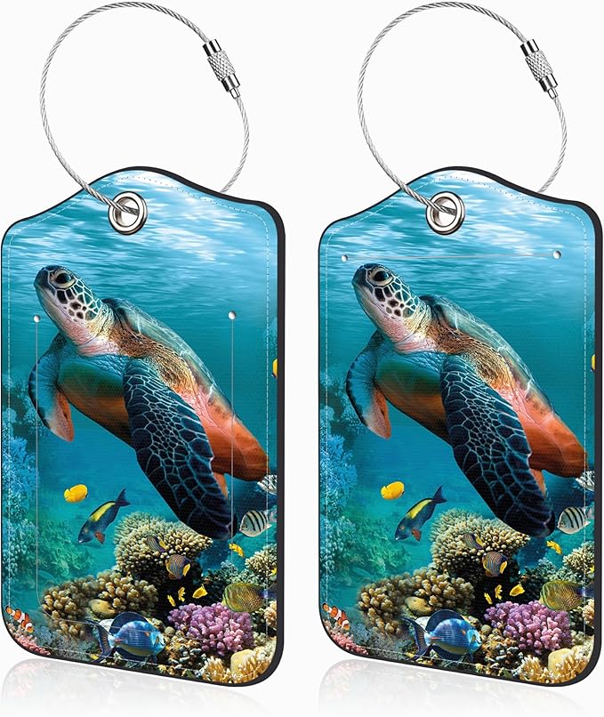 2 Pcs Sea Turtle Luggage Tags for Suitcases PU Leather Baggage Tags Name ID Label with Privacy Cover and Stainless Steel Loop for Men Women Travel Bag Suitcase