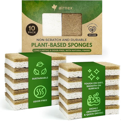 10 Pack Biodegradable Natural Kitchen Sponge - Compostable Cellulose and Coconut Walnut Scrubber Sponge - Eco Friendly Sponges for Dishes