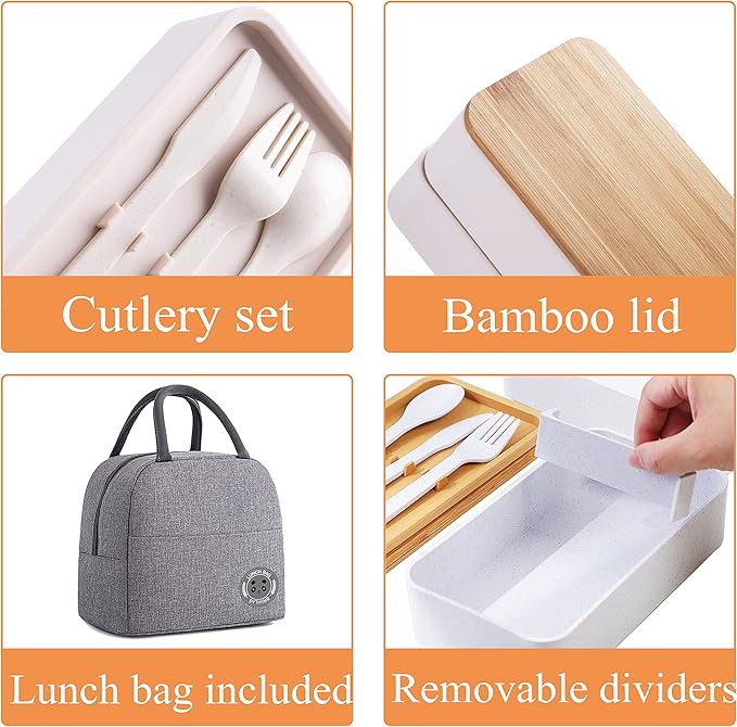 Japanese Bamboo Bento Box with Compartments and Utensils Stackable Lunch Box Includes Lunch Bag for Meal Prep Beige