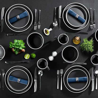 Zulay Kitchen Terra Stoneware Dinnerware Set, Artisanal Ceramic Plates and Bowls Set Crafted at 2300℉ - Service for 4, Black Matte with White Rim