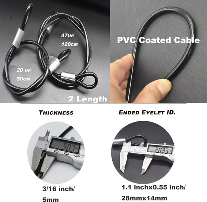 4 pcs 20 inch (50cm) 5mm Thickness Galvanized Steel Wire Rope Lanyard Cable Tether Safety Strap with Braided Steel Rubber Coated and 2 Loops Black
