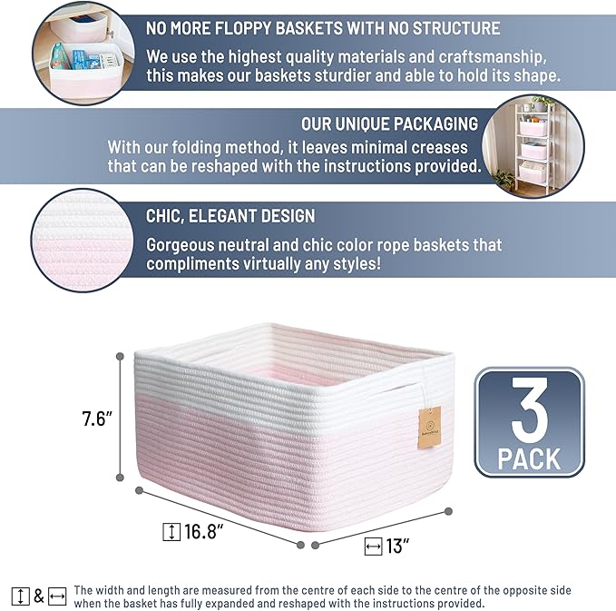 NaturalCozy Storage Baskets 16.8”x13”x7.6” Cotton Rope Woven Baskets for Organizing 3-Pack | Toy Storage Bins | Basket for Shelves, Laundry, Blanket, Clothes, Closet, Kitchen, Bathroom, Gifts