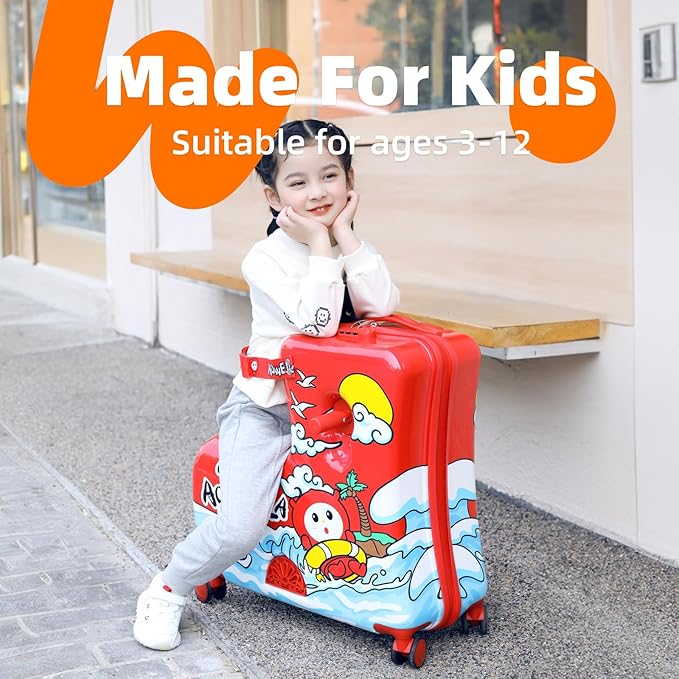 Kids' Lightweight Ride on Luggage with Spinner Wheels & Foldabe Design (Red, 20"+ Aged 1-3 Toddler),Children Holiday Birthday Gift