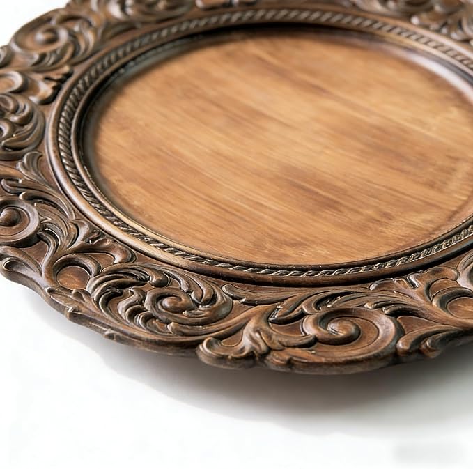 Brown Charger Plates Set of 6, Faux Wood Plate Chargers, 13 Inch Plastic Charger