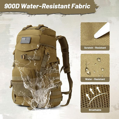 50L Tactical Backpack for Men and Women, Water-Resistant Molle Rucksack, Large Military Assault Pack for Hiking, Hunting, Camping, Gym & Outdoor Survival Khaki