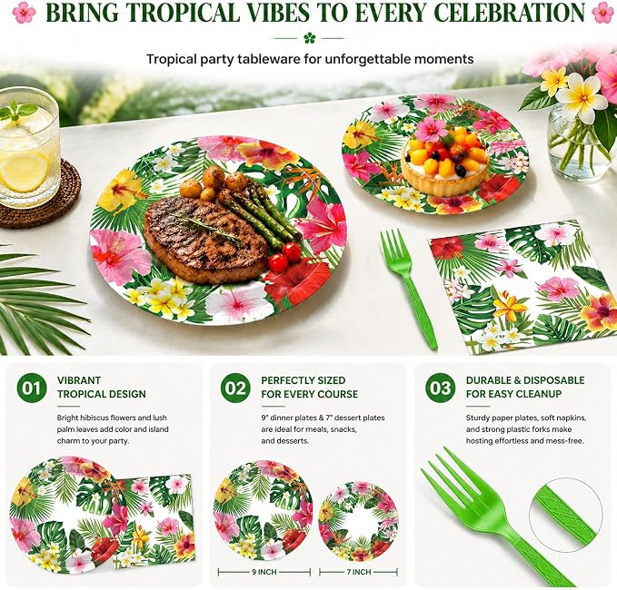 100 Pcs Tropical Luau Party Supplies Set, Serves 25 – Disposable Hibiscus