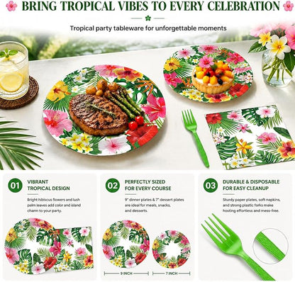 100 Pcs Tropical Luau Party Supplies Set, Serves 25 – Disposable Hibiscus