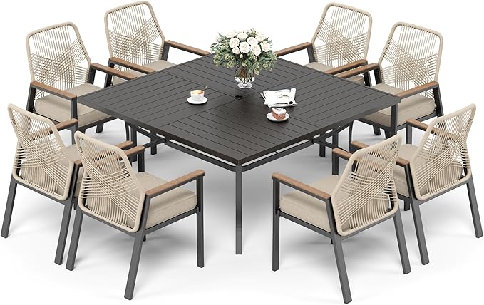 9 Pieces Patio Dining Set, 8 x Woven Rattan Chairs