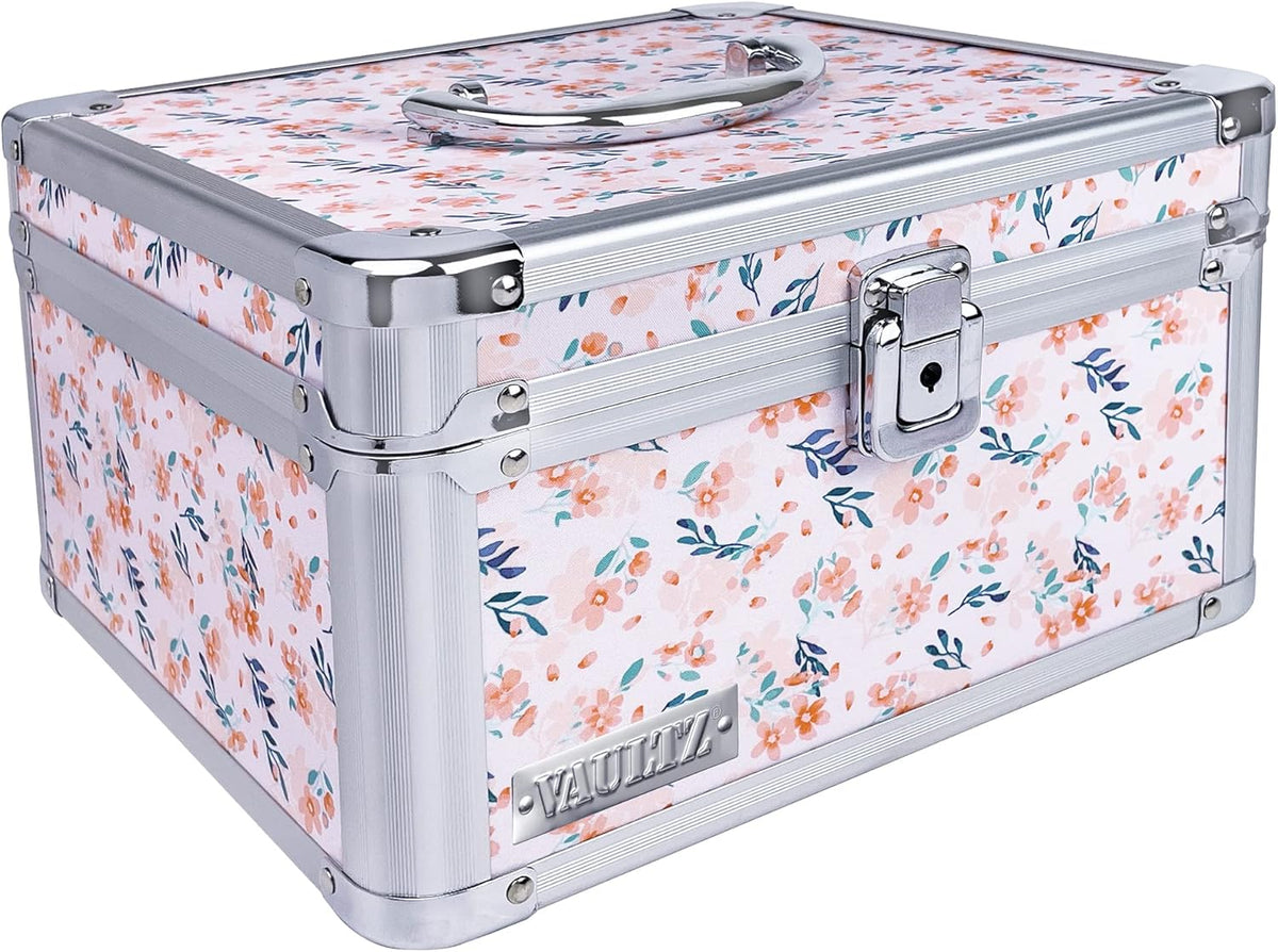 Vaultz Portable Safe Box - 10 x 10 x 6.5 Inch Large Storage Box with Lock, Mesh Pocket & Adjustable Compartments for Cash, Documents and Valuables - Floral