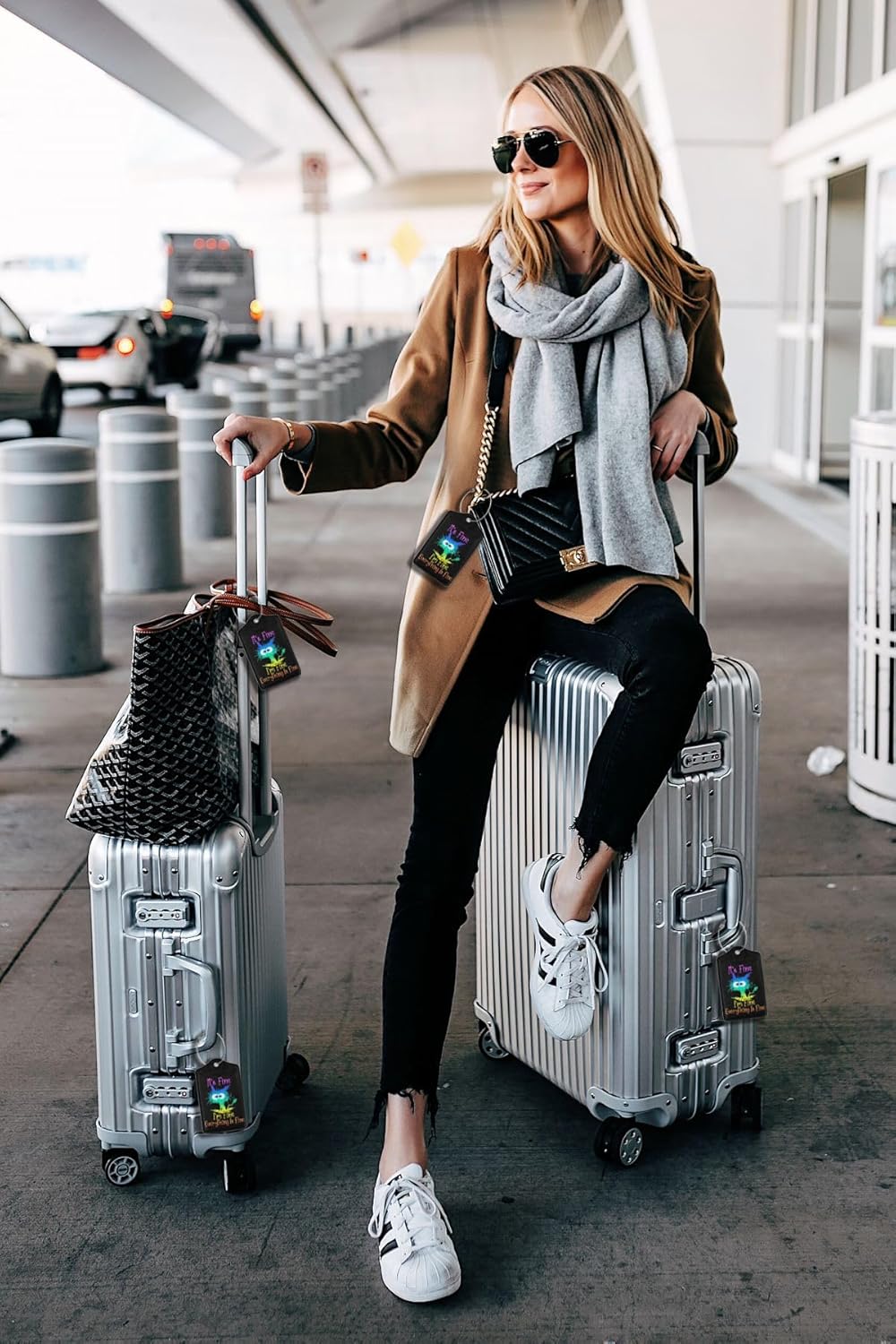 2 Pack Luggage Tags for suitcases Cute Funny I'm Fine It's Fine Color Luggage Tag, Leather Stainless Steel Loop Label Tag for Men Women Travel Bag Suitcase（Black Laser）