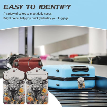 3 Pack Luggage Tag for Suitcase,Highland Cow Leather Luggage Tags with Privacy Cover Name ID Label Identifiers Travel Bag Tags for Women Men Boys Girls