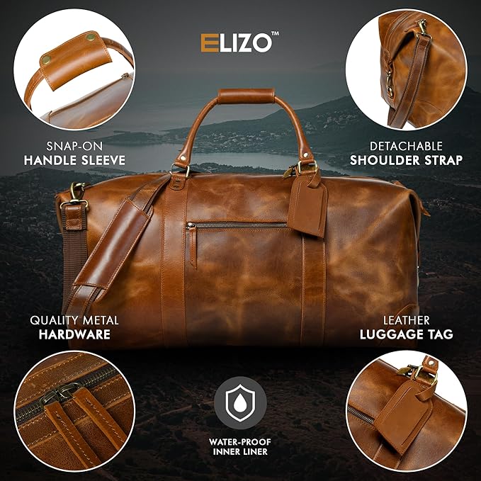 ELIZO Large Leather Duffle Bag For Men Women Big REAL FULL GRAIN Travel Overnight Weekender Carry On Luggage Sports Gym Bags (Tan 24 Inch) Heritage