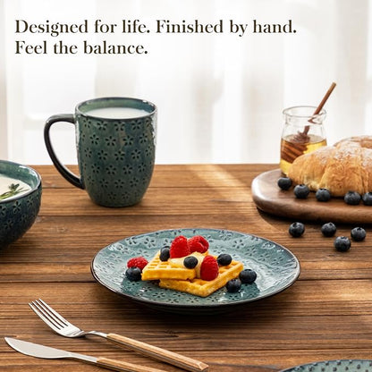 MALACASA 16 Pieces Dinnerware Sets, Farmhouse Plates and Bowls Sets, Embossed