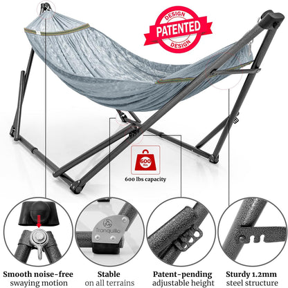 Tranquillo Combo x2 Hammocks with Stand for Outside & Tree Straps, Heavy Duty Hammock with Stand 600lbs for Indoor Outdoor Patio Backyard, x2 Hammocks for 2 Person, Portable Carrying Bags, Gray