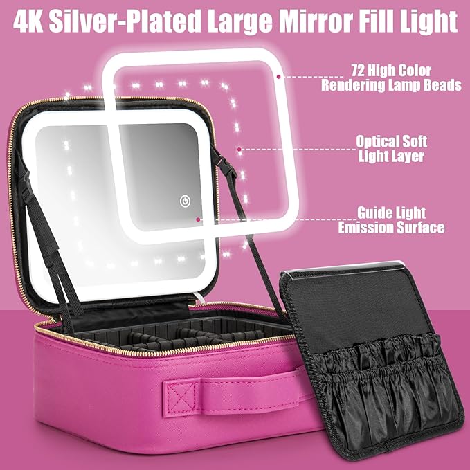 Makeup Travel Train Case with Mirror LED Light 3 Adjustable Brightness Large Cosmetic Bag Portable Storage Adjustable Partition Waterproof Makeup Brushes Make up Jewelry Gift for Women