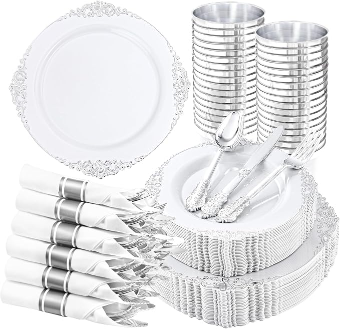 210 Pcs White Silver Plates for Party | White Party Plates Set for 30 Guests