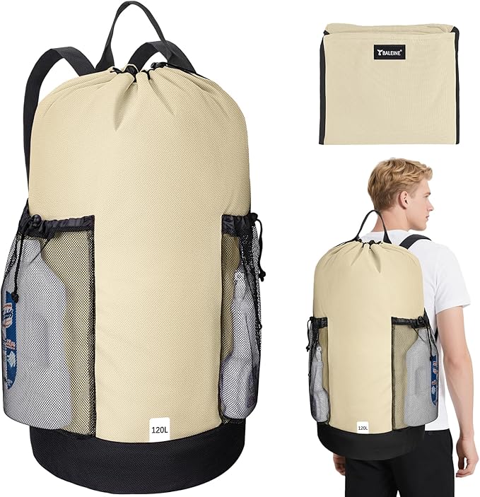 BALEINE 120L Laundry Bag Backpack, 900D Oxford Fabric Large Travel Laundry Bags with Shoulder Straps and 2 Mesh Pockets for College Dorm, Apartment, Laundromat (Beige, 120L)