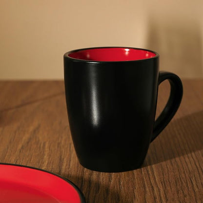 Stone Lain Albie Stoneware 16 Piece Dinnerware Set, Plates and Bowls Sets, Dish Set for 4, Red and Black, Microwave & Dishwasher Safe