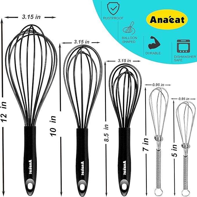Anaeat Kitchen Whisk Set of 5, Perfect for Non-Stick Cookware, Egg Beater Milk Blender for Whisking, Cooking, Baking - 5"+7" Mini Wire Whisk and 8.5''+10.5''+12'' Silicone Balloon Whisks (Black)