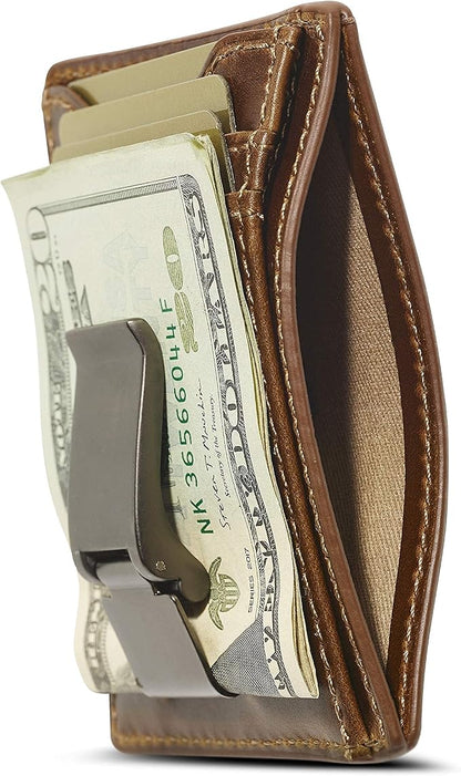 House of Jack Co. Flynn Hinged Money Clip Wallet for Men, Slim Front Pocket Card Holder, Full Grain Cowhide Leather Wallet, Brown