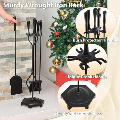 FEED GARDEN Fireplace Tools Set 5 Pieces Modern 32 Inch Outdoor Wrought Iron Fireplace Accessories Set with Log Holder Poker, Tong, Shovel, Brush, Base, Black