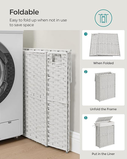 SONGMICS Slim Laundry Hamper with Lid, 14.5 Gallon (55L) Rattan Clothes Laundry Basket with Lid and Handles, Foldable, Removable Liner, Cloud White ULCB164W01