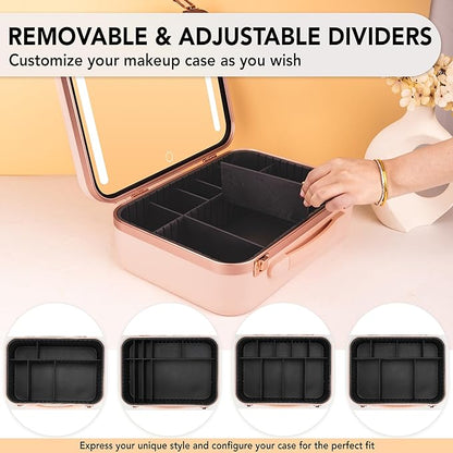Lighted Makeup Case with Mirror - Large Size 13.4" x 10.2" - Travel Makeup Case With Mirror - Rechargeable LED Travel Vanity Case with Adjustable Brightness - Train Case Makeup Bag - Pink