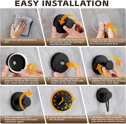 Reusable Heavy Duty Suction Cup Hooks for Kitchen/Bathroom/Shower - Wet-Proof Hooks for Towels, Robes, Loofah&Wreaths/No Drill Mounting on Glass, Tile, Metal (4, Matte Black)