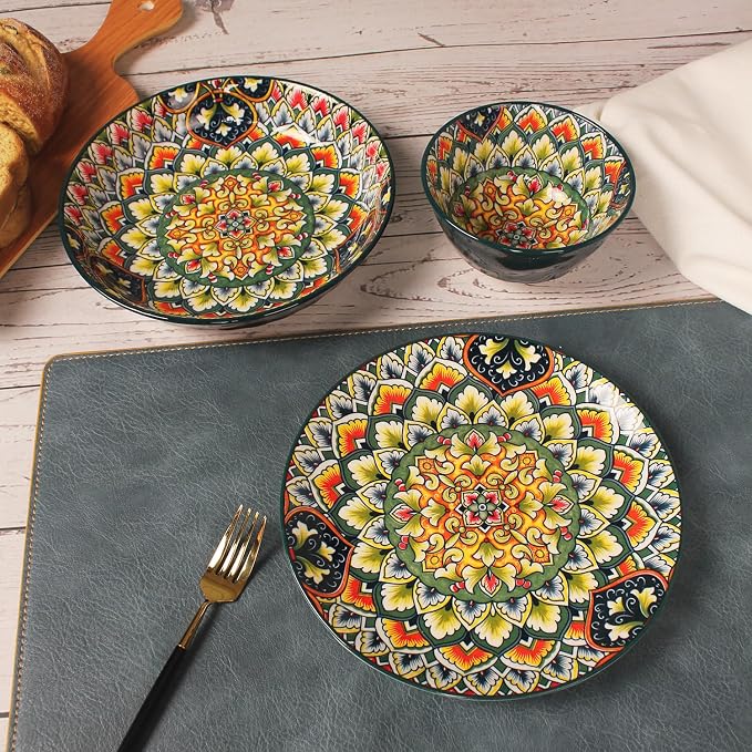 YA JU Mandala Dinnerware Sets Serves 4, Buffet Dinnerware, Boho Plates and