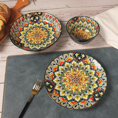YA JU Mandala Dinnerware Sets Serves 4, Buffet Dinnerware, Boho Plates and
