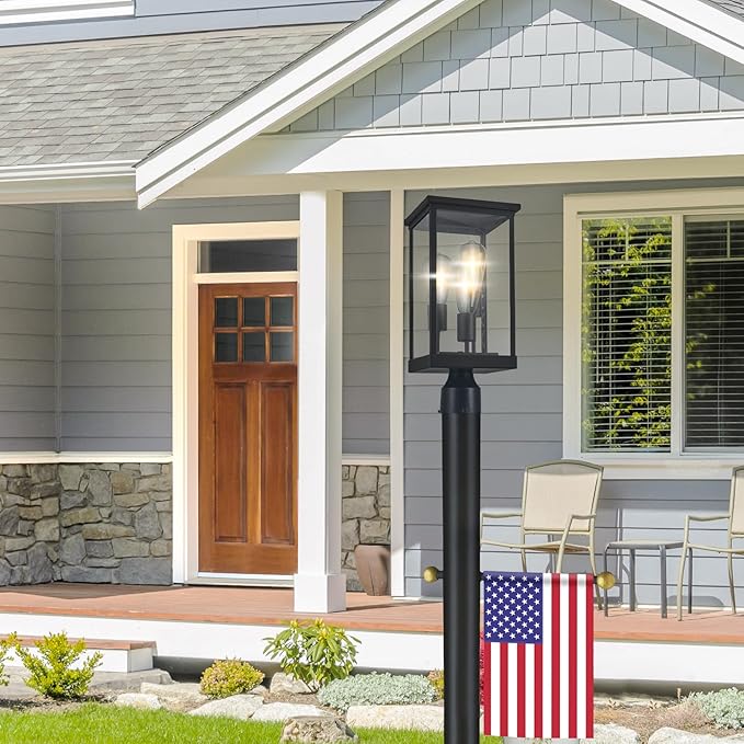Design House Mayfield Post Light, Includes Lamp Post, 3-Light, Clear Glass, Weather Resistant, Matte Black, 7.63 in x 7.63 in x 97.75 in, 587584