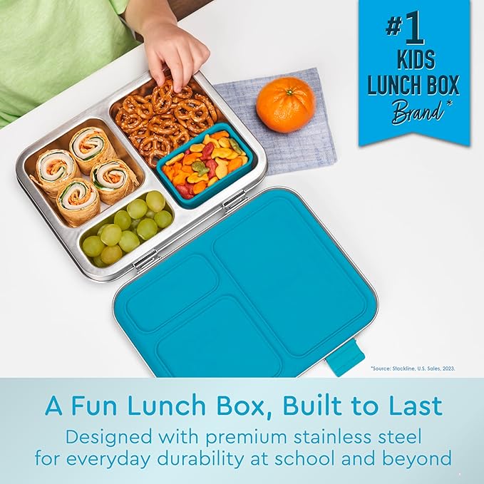 Bentgo Kids Stainless Steel Prints Leak-Resistant Lunch Box - 3-Compartments with Bonus Silicone Container, Durable, Eco-Friendly, Dishwasher Safe, BPA-Free, Ideal for School, Ages 3+ (Dinosaur)