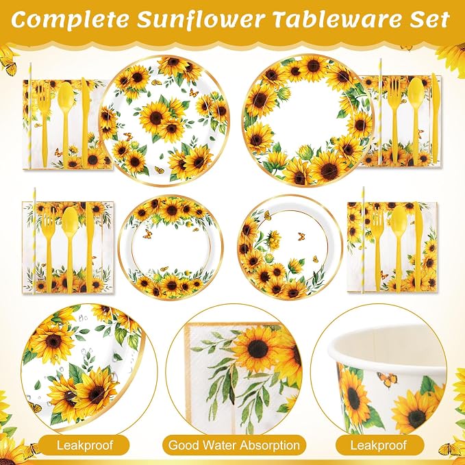 450 Pcs Sunflower Birthday Tableware Set Decorations, Serves 50 | Floral Paper