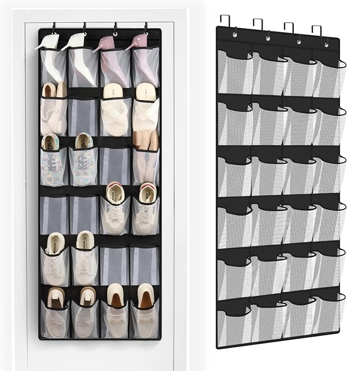 FENTEC 24 Pocket Over Door Shoe Organizer, Mesh Closet Shoe Holder, Black