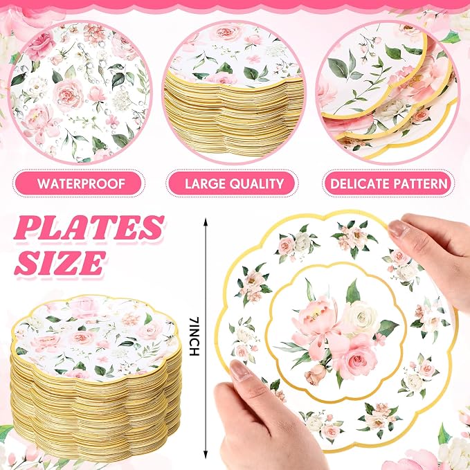 120 Pcs Spring Floral Paper Plates 7 Inch Pink Floral Party Decoration Plates