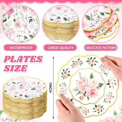 120 Pcs Spring Floral Paper Plates 7 Inch Pink Floral Party Decoration Plates