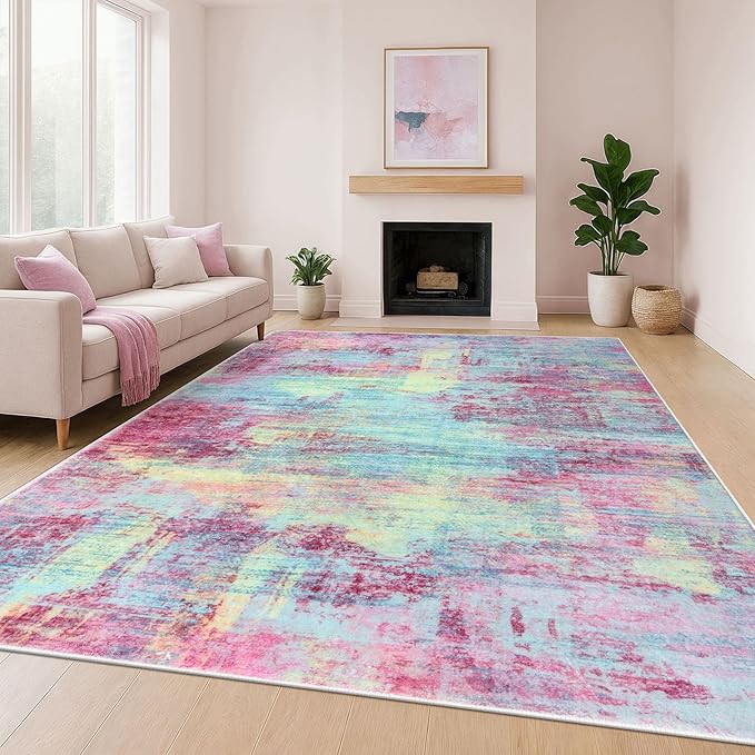 IOHOUZE Abstract Area Rugs 9x12 Ft Washable Large Rugs for Living Room, Non Slip Dining Room Rug, Printed Faux Wool Rugs for Bedroom, Floor Carpet for Office Nursery Playroom, Pink Teal