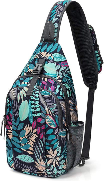 G4Free Sling Bag RFID Blocking Sling Backpack Crossbody Chest Bag Daypack for Hiking Travel(Blue Leaf)