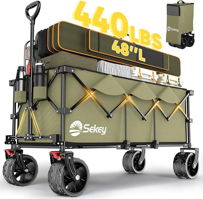 Sekey 48''L Collapsible Foldable Extended Wagon with 440lbs Weight Capacity, Heavy Duty 300L Folding Utility Garden Cart with Big All-Terrain Beach Wheels & Drink Holders. Khaki