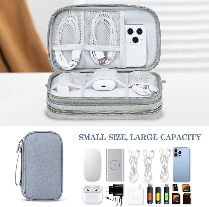 FYY Electronic Organizer, Travel Cable Organizer Bag Pouch Electronic Accessories Carry Case Portable Waterproof Double Layers Storage Bag for Cable, Charger, Phone, Earphone, Medium Size- Light Grey