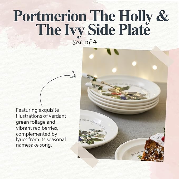Portmeirion Holly and Ivy 7.25" Bread & Butter Plate (Set of 4) - Earthenware Side Plates, Holly Design - Festive Christmas Tableware - Microwave, Oven, Freezer, Dishwasher Safe - Holiday Dishware