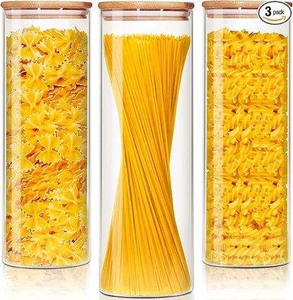 Glass Jars with Bamboo Lids 79 FL OZ [Set of 3], Glass Canisters with Airtight Lids, Glass Food Storage Containers for Spaghetti, Fettuccine, Linguine,Pasta, Best for Kitchen & Pantry