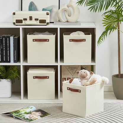 Collapsible Fabric Storage Cube Bins with 2 Reinforced PU Handles, Foldable Storage Organizer Baskets for Closet, Shelves, Living Room | 11"x11"x11", 4 Pack, Full Beige