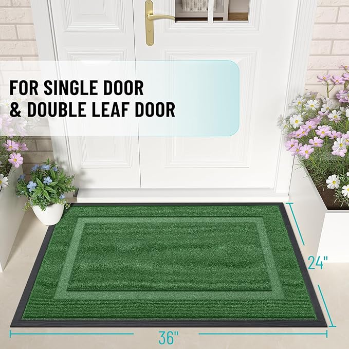 OLANLY Front Door Mat Indoor Outdoor Entrance, Waterproof All-Season, All-Weather Doormat, Sturdy Natural Rubber, Fade Resistant, Low Profile, Easy Clean Patio Porch Entryway Mat, 36x24, Green