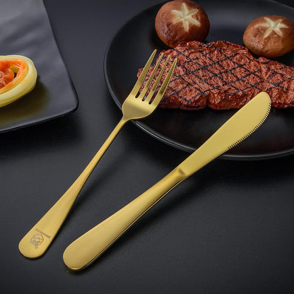 Boulder Bee | Travel Utensils Set | Reusable Camping Cutlery Set | Stainless Steel Flatware Set | Portable Silverware Set with Case | Includes Knife/Fork/Spoon/Straw/Cleaning Cloth/Case (Gold)