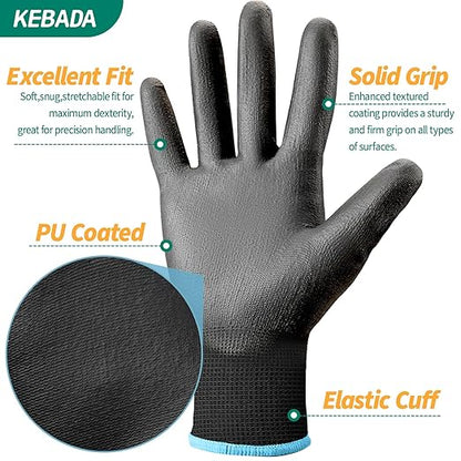 Kebada Safety Work Gloves, 12 Pairs Work Gloves with Grip, PU Coated Grip Gloves for Warehouse, Construction, Gardening and Mechanics, Black, Medium