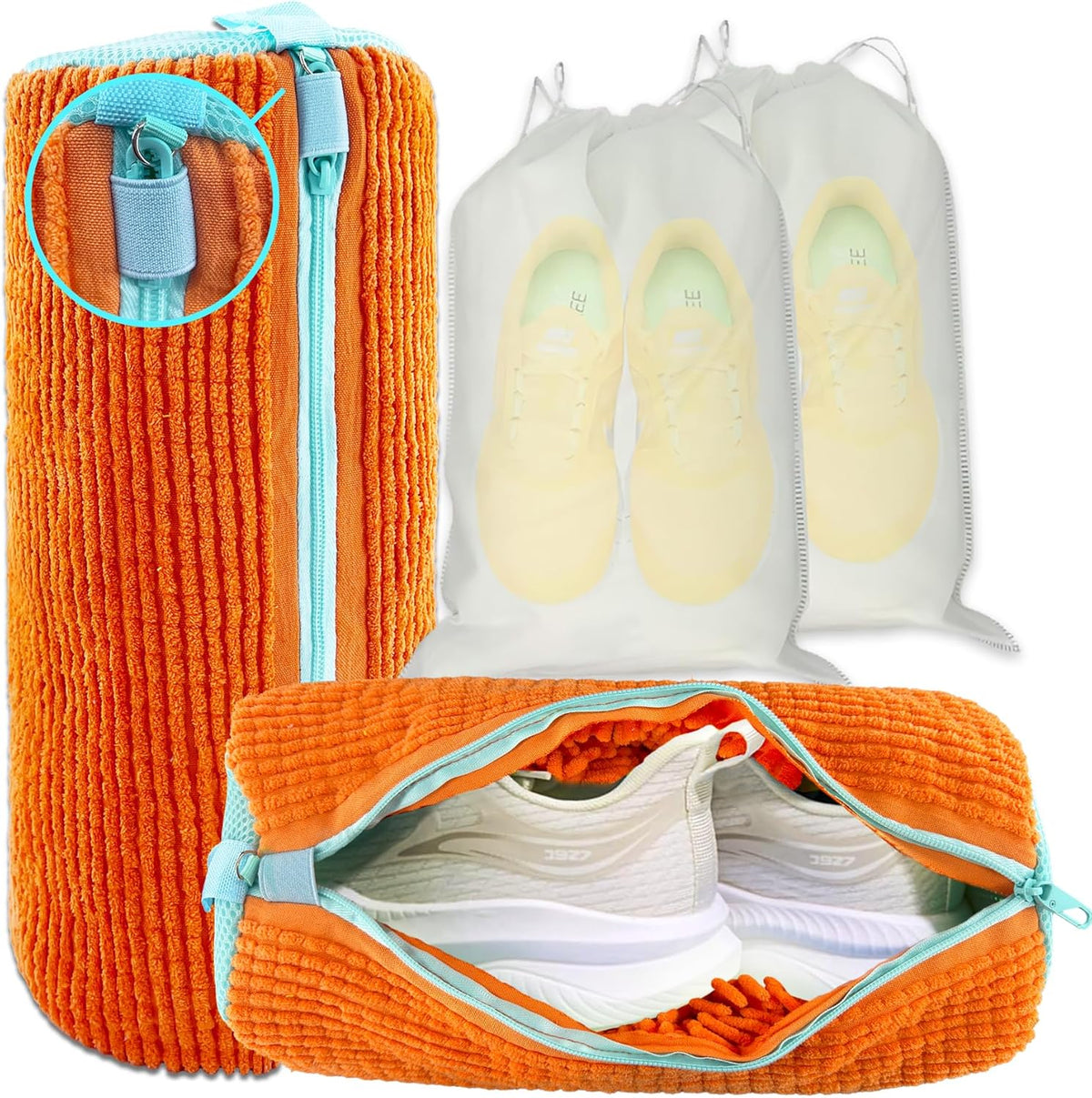 XXL Shoe Washing Machine Bag - 2-Pack Reusable Shoe Cleaning Bags, 360° Deep Clean for Sneakers, Tennis Shoes, and Slippers, Includes 2 Shoe Storage Dust Bags (Orange)