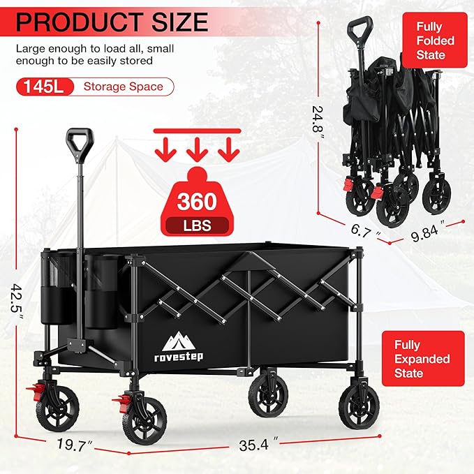 Collapsible Wagon Cart Heavy Duty Utility Carts with All Terrain Wheels for Garden, Grocery, Camping, Sports, Shopping, and Outdoor Use - 360lbs Capacity, Foldable, Portable, 145L Large Wagon