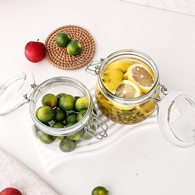 16oz - 6 Pack Round Glass Jars with Airtight Lid, Wide Mouth Mason Jars with Clamp Lids, Air Tight Glass Canisters, Food Storage Containers for Cereal, Pasta, Beans, Sugar, Coffee, Spice